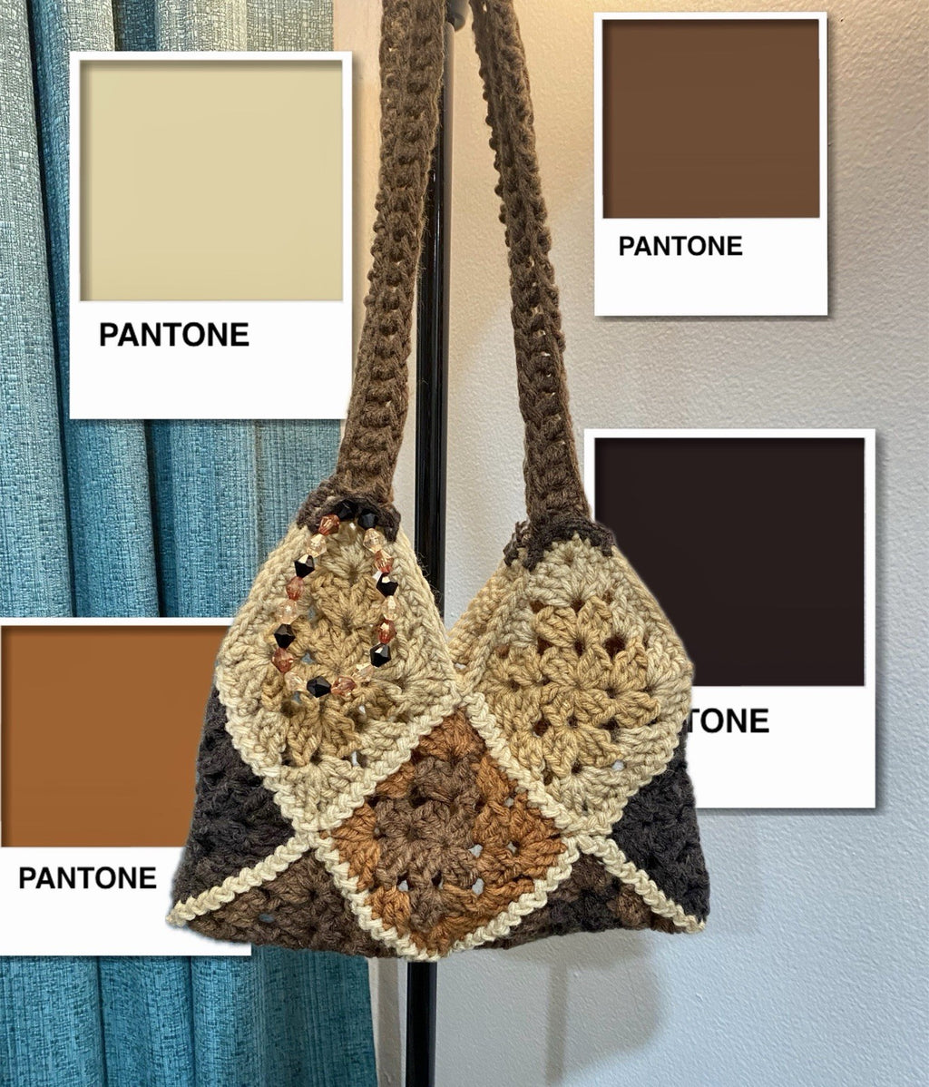 Handmade Crochet Geometric Shoulder Bag Brown Beige Tan Beaded Accent
