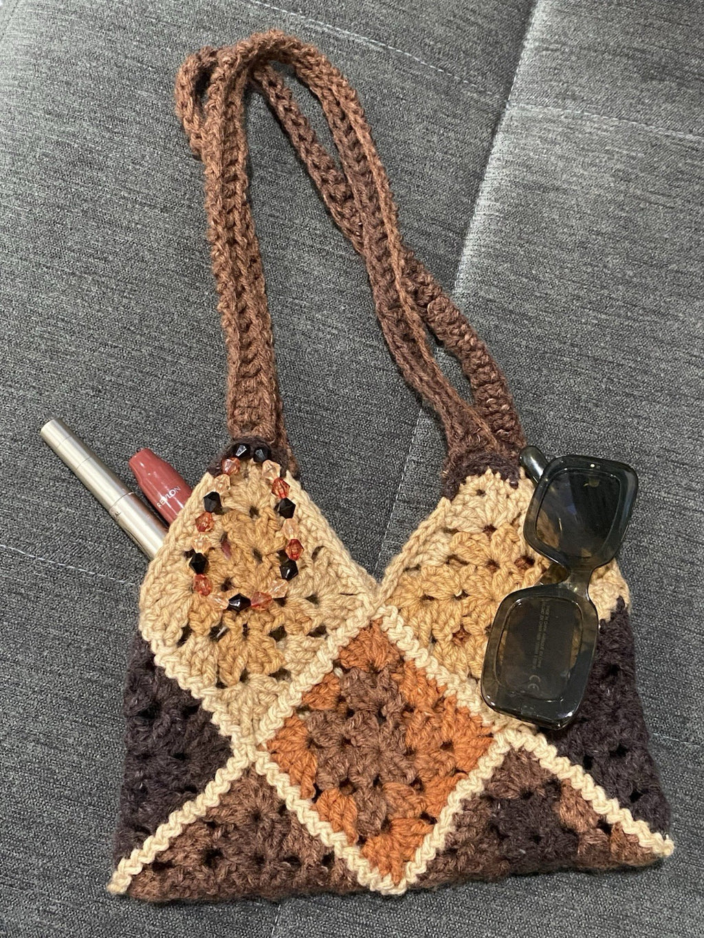 Handmade Crochet Geometric Shoulder Bag Brown Beige Tan Beaded Accent